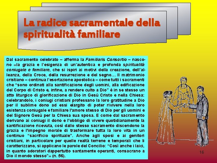 La radice sacramentale della spiritualità familiare Dal sacramento celebrato – afferma la Familiaris Consortio