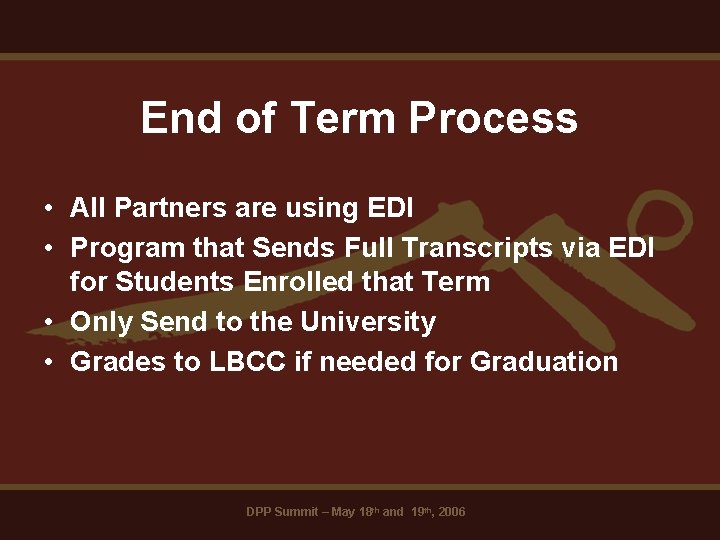 End of Term Process • All Partners are using EDI • Program that Sends