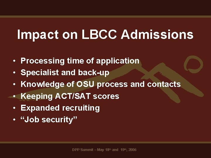 Impact on LBCC Admissions • • • Processing time of application Specialist and back-up