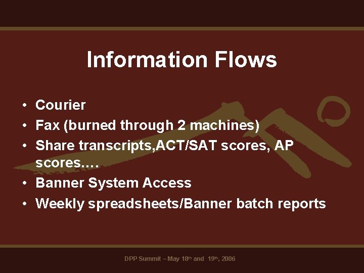 Information Flows • Courier • Fax (burned through 2 machines) • Share transcripts, ACT/SAT