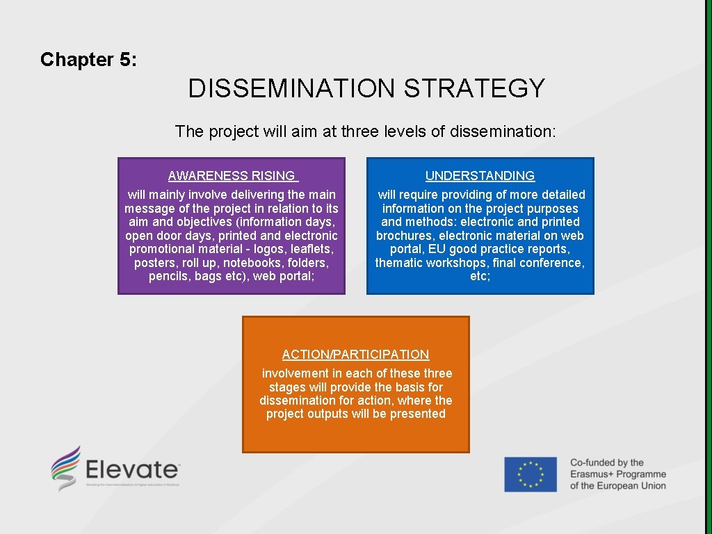 Chapter 5: DISSEMINATION STRATEGY The project will aim at three levels of dissemination: AWARENESS