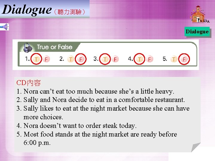 Dialogue(聽力測驗) Dialogue CD內容 1. Nora can’t eat too much because she’s a little heavy. Dialogue(聽力測驗) Dialogue CD內容 1. Nora can’t eat too much because she’s a little heavy.