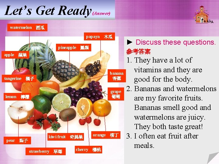 Let’s Get Ready (Answer) watermelon 西瓜 papaya 木瓜 pineapple 鳳梨 apple 蘋果 tangerine 橘子 banana 香蕉 lemon 檸檬 grape 葡萄 Let’s Get Ready (Answer) watermelon 西瓜 papaya 木瓜 pineapple 鳳梨 apple 蘋果 tangerine 橘子 banana 香蕉 lemon 檸檬 grape 葡萄