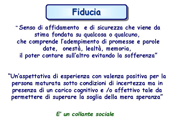 Fiducia Senso di affidamento e di sicurezza che viene da stima fondata su qualcosa