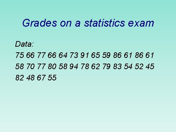 Grades on a statistics exam Data: 75 66 77 66 64 73 91 65