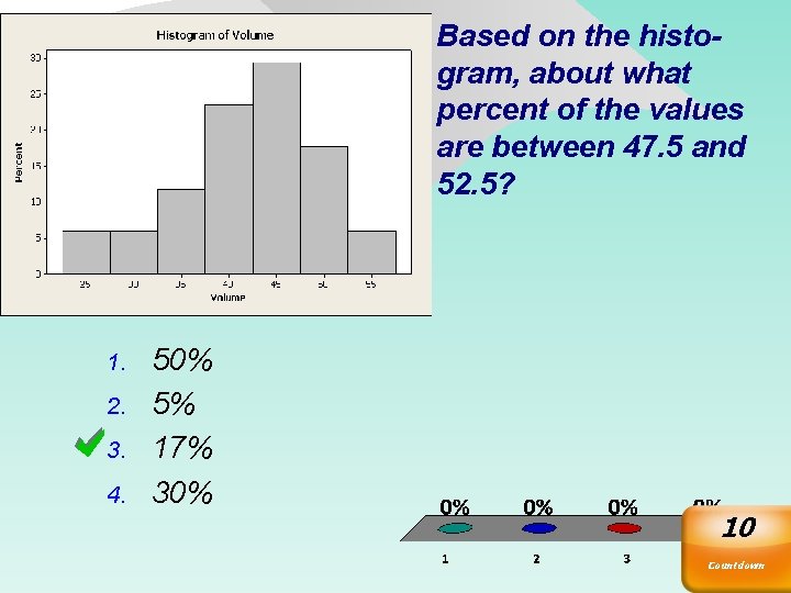 Based on the histogram, about what percent of the values are between 47. 5