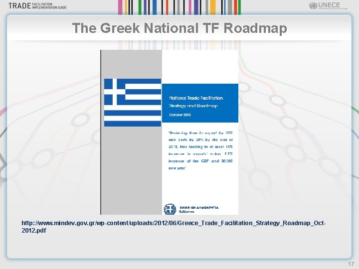 The Greek National TF Roadmap http: //www. mindev. gov. gr/wp-content/uploads/2012/06/Greece_Trade_Facilitation_Strategy_Roadmap_Oct 2012. pdf 17 