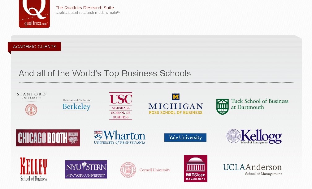The Qualtrics Research Suite sophisticated research made simple. TM ACADEMIC CLIENTS And all of