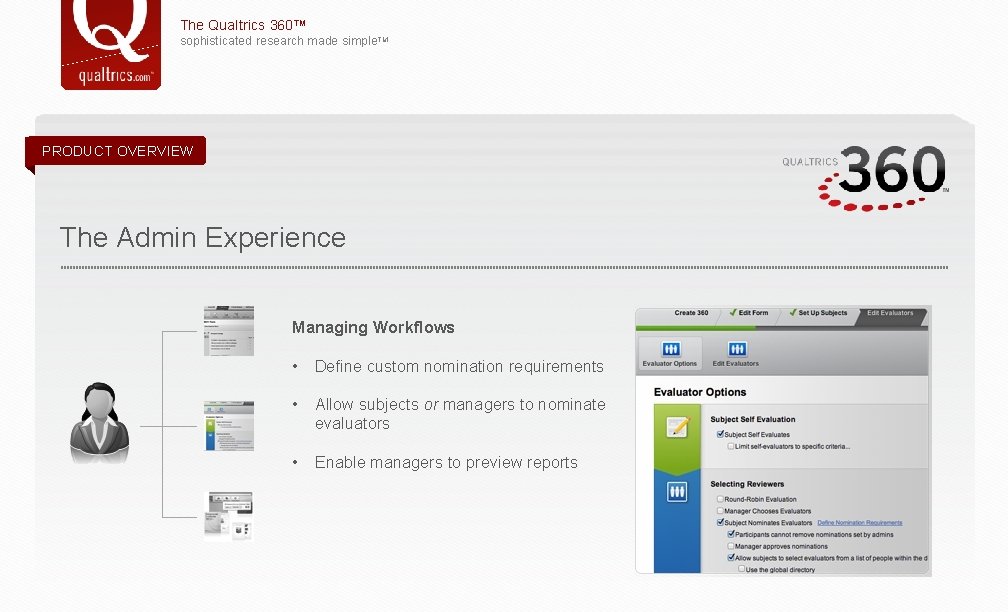 The Qualtrics 360™ sophisticated research made simple. TM PRODUCT OVERVIEW The Admin Experience Managing