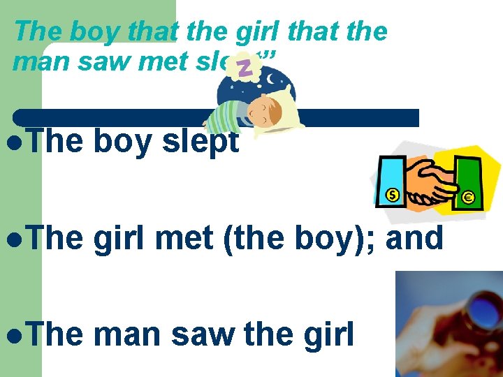 The boy that the girl that the man saw met slept” l. The boy