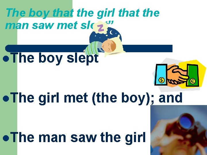 The boy that the girl that the man saw met slept” l. The boy