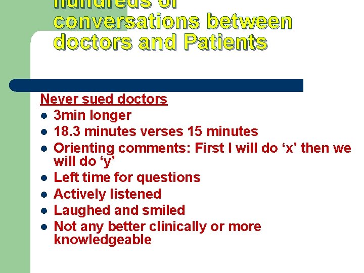 hundreds of conversations between doctors and Patients Never sued doctors l 3 min longer