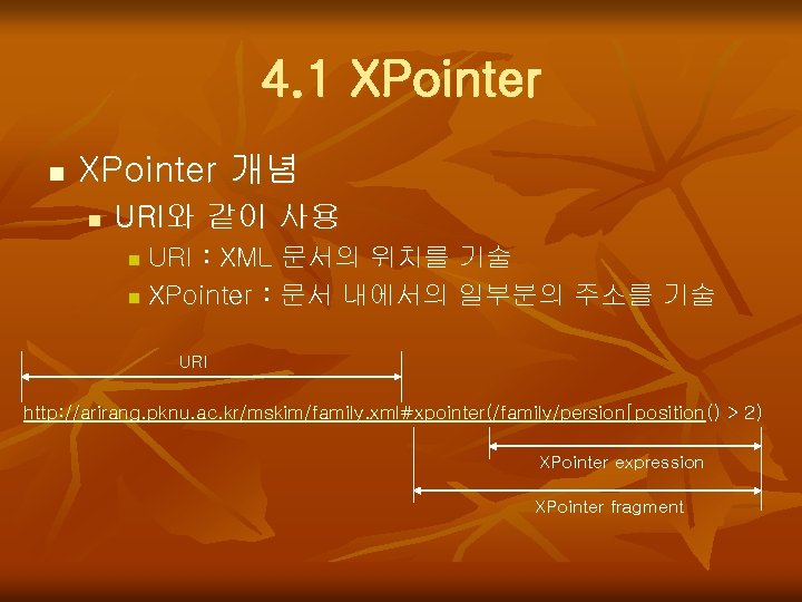 4. 1 XPointer n XPointer 개념 n URI와 같이 사용 URI : XML 문서의