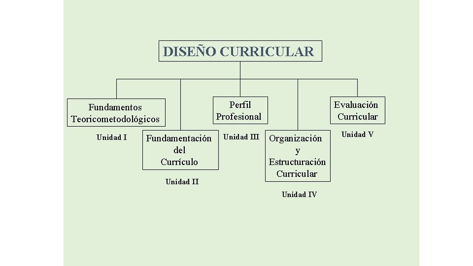 DISEÑO CURRICULAR Unidad I Evaluación Curricular Perfil Profesional Fundamentos Teoricometodológicos Fundamentación del Currículo Unidad