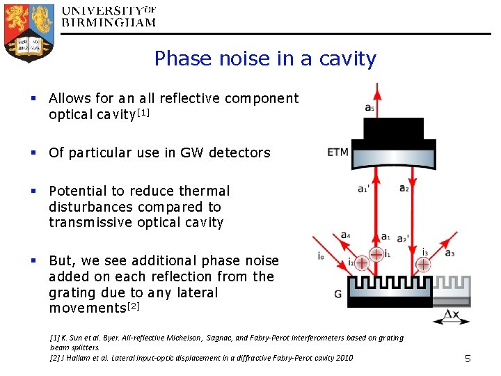 Phase noise in a cavity § Allows for an all reflective component optical cavity[1]