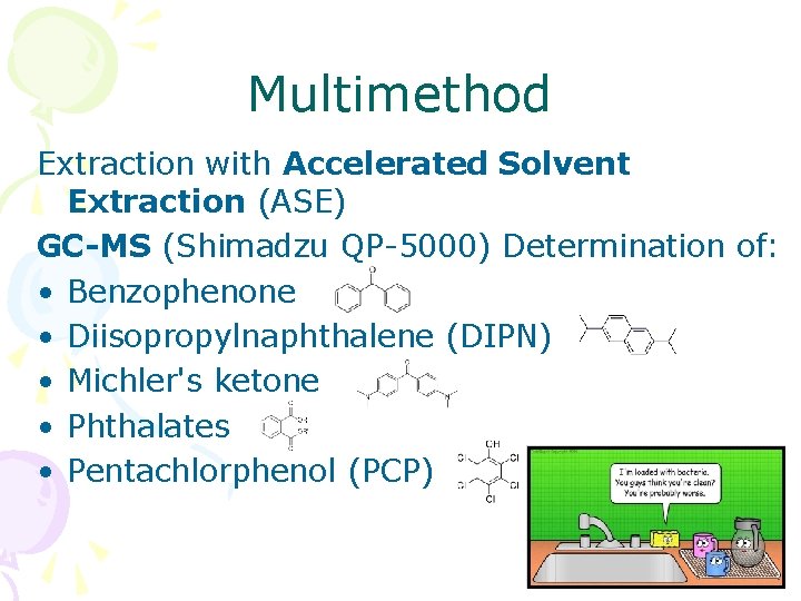 Multimethod Extraction with Accelerated Solvent Extraction (ASE) GC-MS (Shimadzu QP-5000) Determination of: • Benzophenone