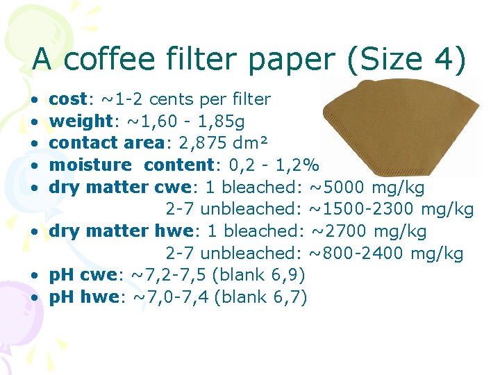 A coffee filter paper (Size 4) • • • cost: ~1 -2 cents per