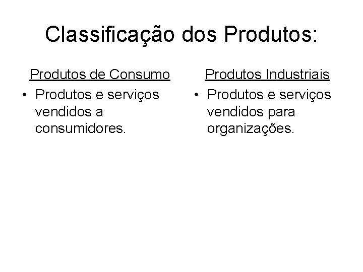 Classificação dos Produtos: Produtos de Consumo • Produtos e serviços vendidos a consumidores. Produtos