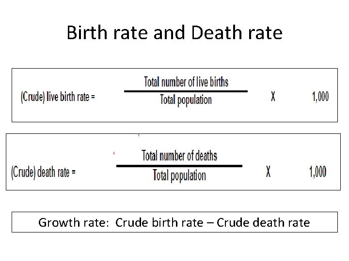 Birth rate and Death rate Growth rate: Crude birth rate – Crude death rate