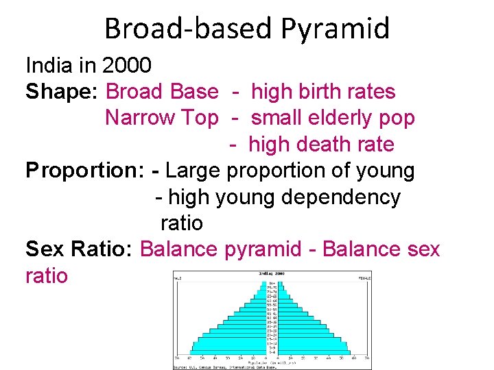 Broad-based Pyramid India in 2000 Shape: Broad Base - high birth rates Narrow Top