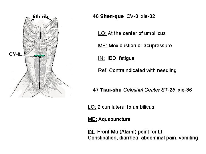6 th rib 46 Shen-que CV-8, xie-82 LO: At the center of umbilicus ME: