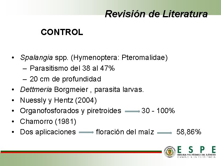 Revisión de Literatura CONTROL • Spalangia spp. (Hymenoptera: Pteromalidae) – Parasitismo del 38 al