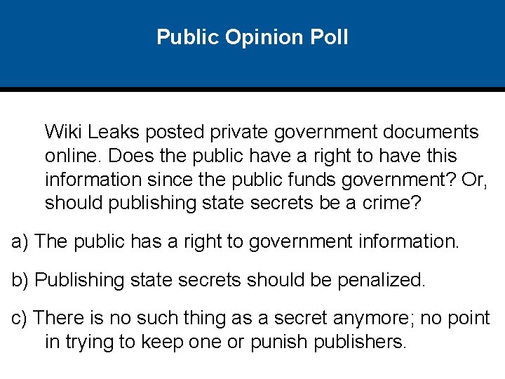 Public Opinion Poll Wiki Leaks posted private government documents online. Does the public have