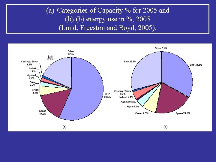 (a) Categories of Capacity % for 2005 and (b) energy use in %, 2005