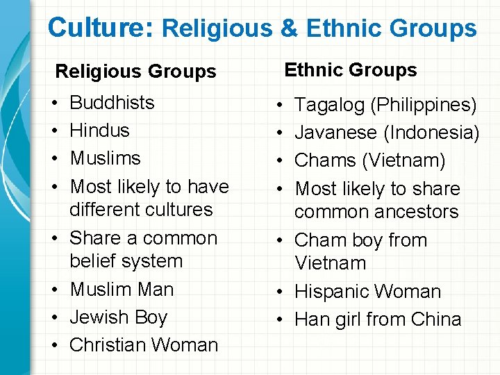 Culture: Religious & Ethnic Groups Religious Groups • • Buddhists Hindus Muslims Most likely