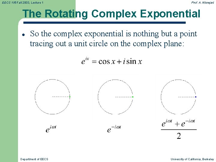 EECS 105 Fall 2003, Lecture 1 Prof. A. Niknejad The Rotating Complex Exponential l EECS 105 Fall 2003, Lecture 1 Prof. A. Niknejad The Rotating Complex Exponential l