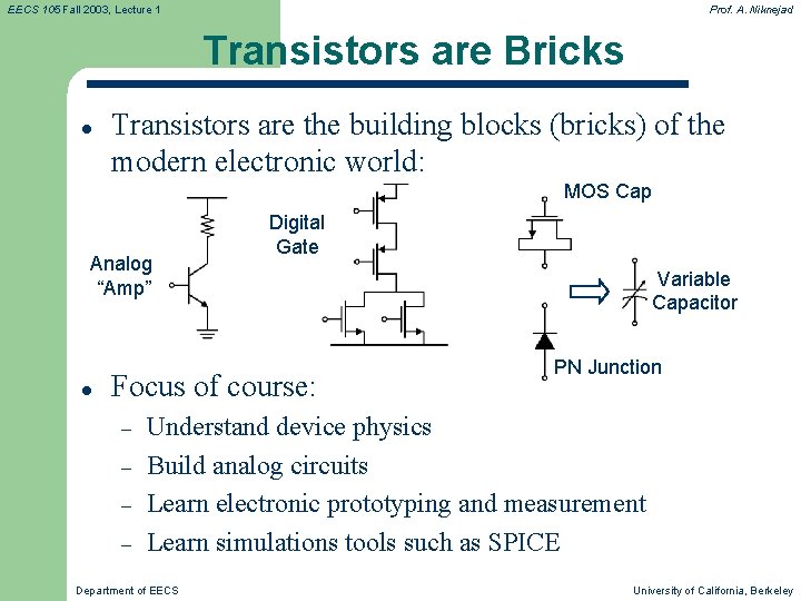 EECS 105 Fall 2003, Lecture 1 Prof. A. Niknejad Transistors are Bricks l Transistors EECS 105 Fall 2003, Lecture 1 Prof. A. Niknejad Transistors are Bricks l Transistors