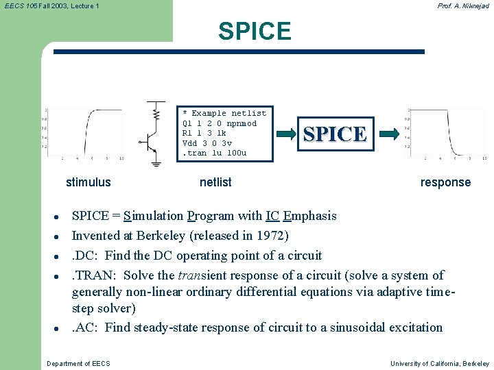 EECS 105 Fall 2003, Lecture 1 Prof. A. Niknejad SPICE * Example netlist Q EECS 105 Fall 2003, Lecture 1 Prof. A. Niknejad SPICE * Example netlist Q