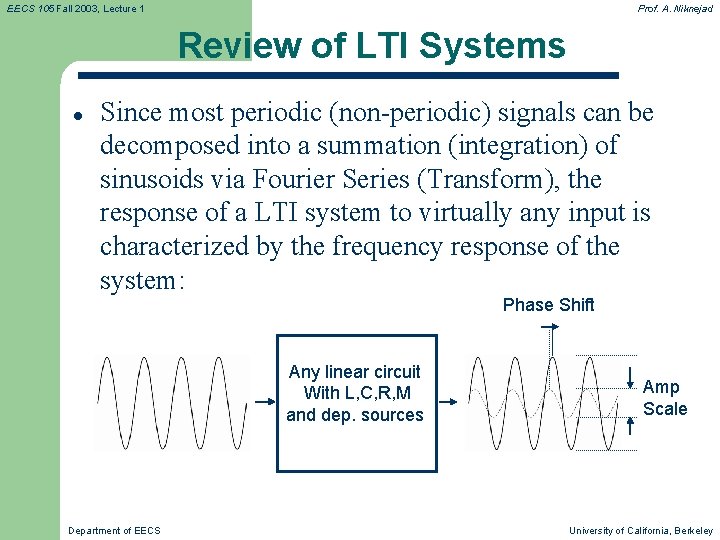 EECS 105 Fall 2003, Lecture 1 Prof. A. Niknejad Review of LTI Systems l EECS 105 Fall 2003, Lecture 1 Prof. A. Niknejad Review of LTI Systems l