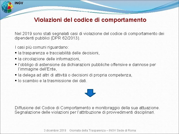  INGV Violazioni del codice di comportamento Nel 2019 sono stati segnalati casi di