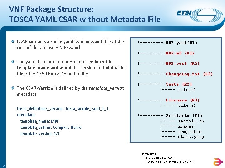 VNF Package Structure: TOSCA YAML CSAR without Metadata File CSAR contains a single yaml