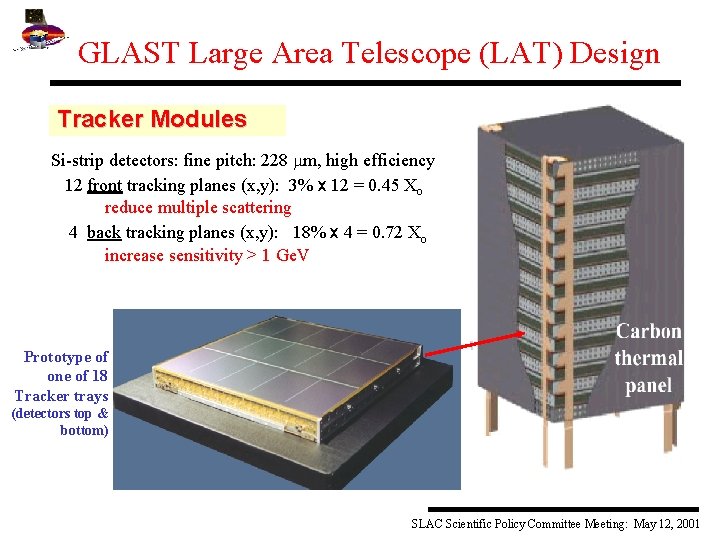 GLAST Large Area Telescope (LAT) Design Tracker Modules Si-strip detectors: fine pitch: 228 mm,