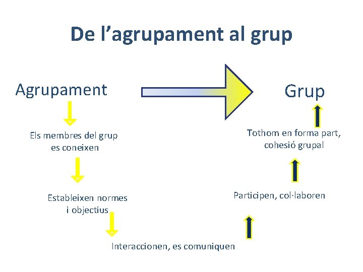 De l’agrupament al grup Grup Agrupament Tothom en forma part, cohesió grupal Els membres