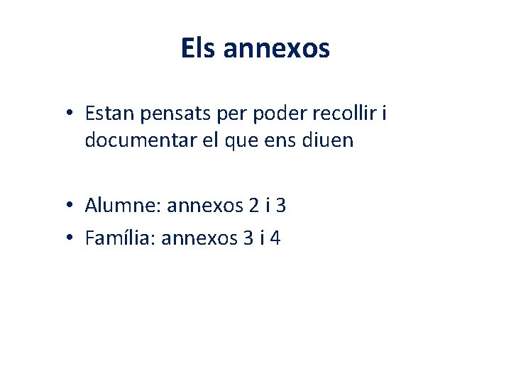 Els annexos • Estan pensats per poder recollir i documentar el que ens diuen