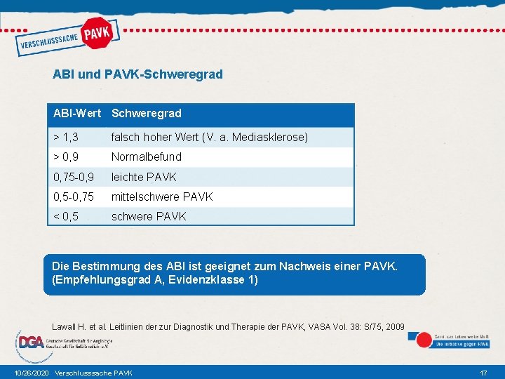 ABI und PAVK-Schweregrad ABI-Wert Schweregrad > 1, 3 falsch hoher Wert (V. a. Mediasklerose)