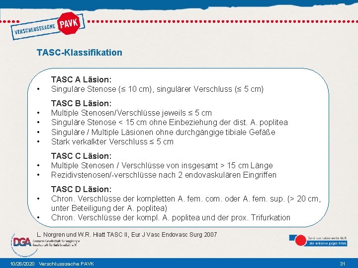 TASC-Klassifikation • TASC A Läsion: Singuläre Stenose (≤ 10 cm), singulärer Verschluss (≤ 5