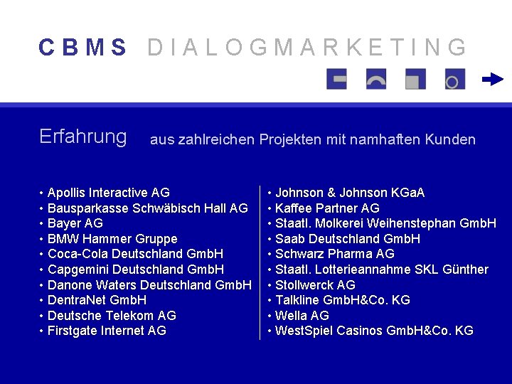 CBMS DIALOGMARKETING Erfahrung aus zahlreichen Projekten mit namhaften Kunden • Apollis Interactive AG •