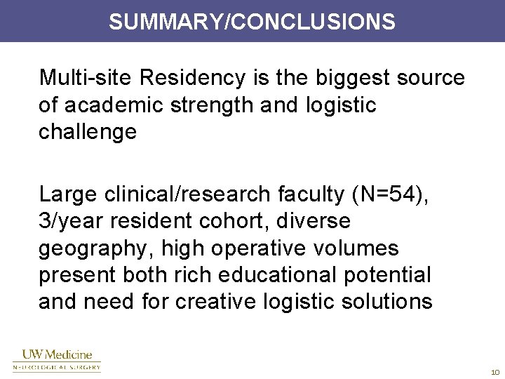 SUMMARY/CONCLUSIONS Multi-site Residency is the biggest source of academic strength and logistic challenge Large