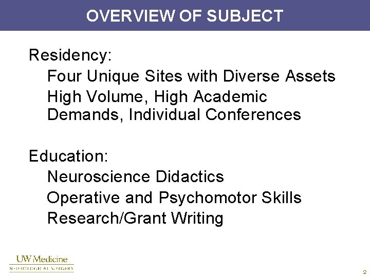 OVERVIEW OF SUBJECT Residency: Four Unique Sites with Diverse Assets High Volume, High Academic