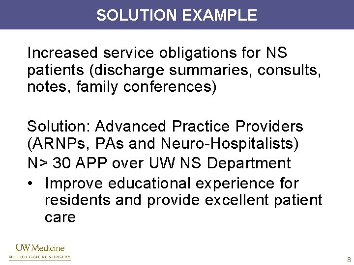 SOLUTION EXAMPLE Increased service obligations for NS patients (discharge summaries, consults, notes, family conferences)