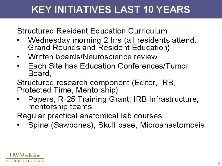 KEY INITIATIVES LAST 10 YEARS Structured Resident Education Curriculum • Wednesday morning 2 hrs