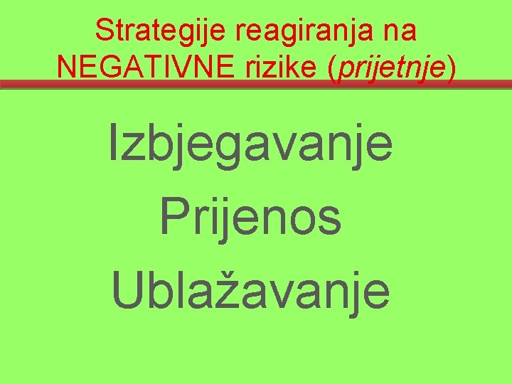 Strategije reagiranja na NEGATIVNE rizike (prijetnje) Izbjegavanje Prijenos Ublažavanje 