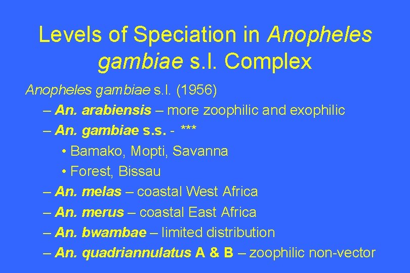 Levels of Speciation in Anopheles gambiae s. l. Complex Anopheles gambiae s. l. (1956)