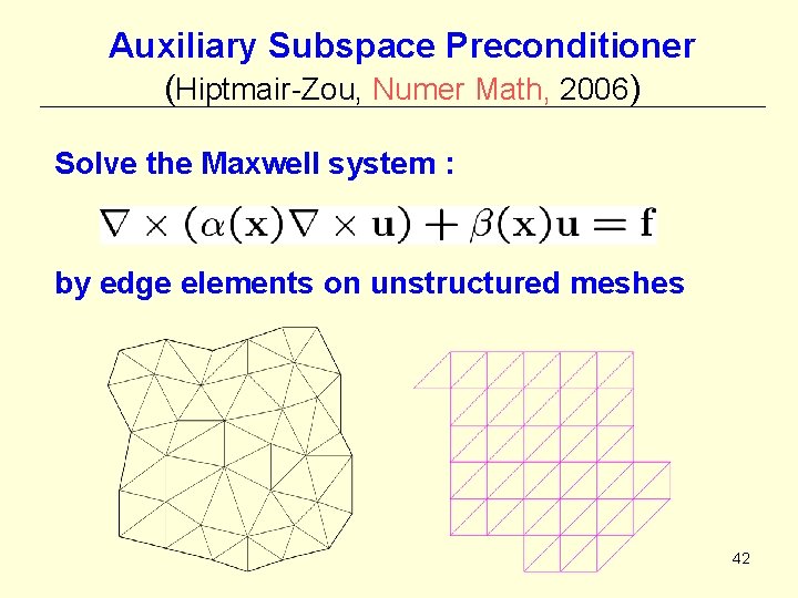 Auxiliary Subspace Preconditioner (Hiptmair-Zou, Numer Math, 2006) Solve the Maxwell system : by edge