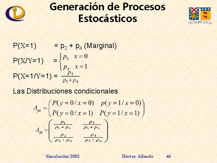 Generación de Procesos Estocásticos P(X=1) = p 2 + p 4 (Marginal) P(X/Y=1) =