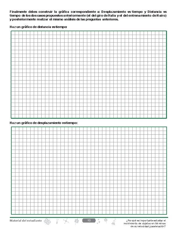 Finalmente debes construir la gráfica correspondiente a: Desplazamiento vs tiempo y Distancia vs tiempo